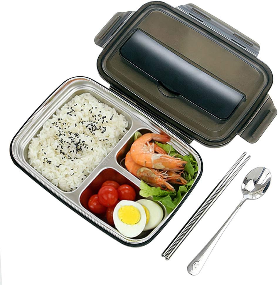 3 Compartment Bento Lunch Box, Insulated Stainless Steel Square Food Storage Container, Leakproof Portion-Control for Woman Man Kids