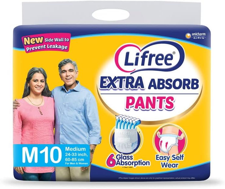 Lifree Extra Absorb Super Pants | Adult Diaper| Pant Style| Use Upto 12 Hours| 6-Glass Absorption | Quick Dry Sheet|Prevents leakage | Prevents heaviness| Size M ( 30-41 inches / 75-105 cms) | Count
