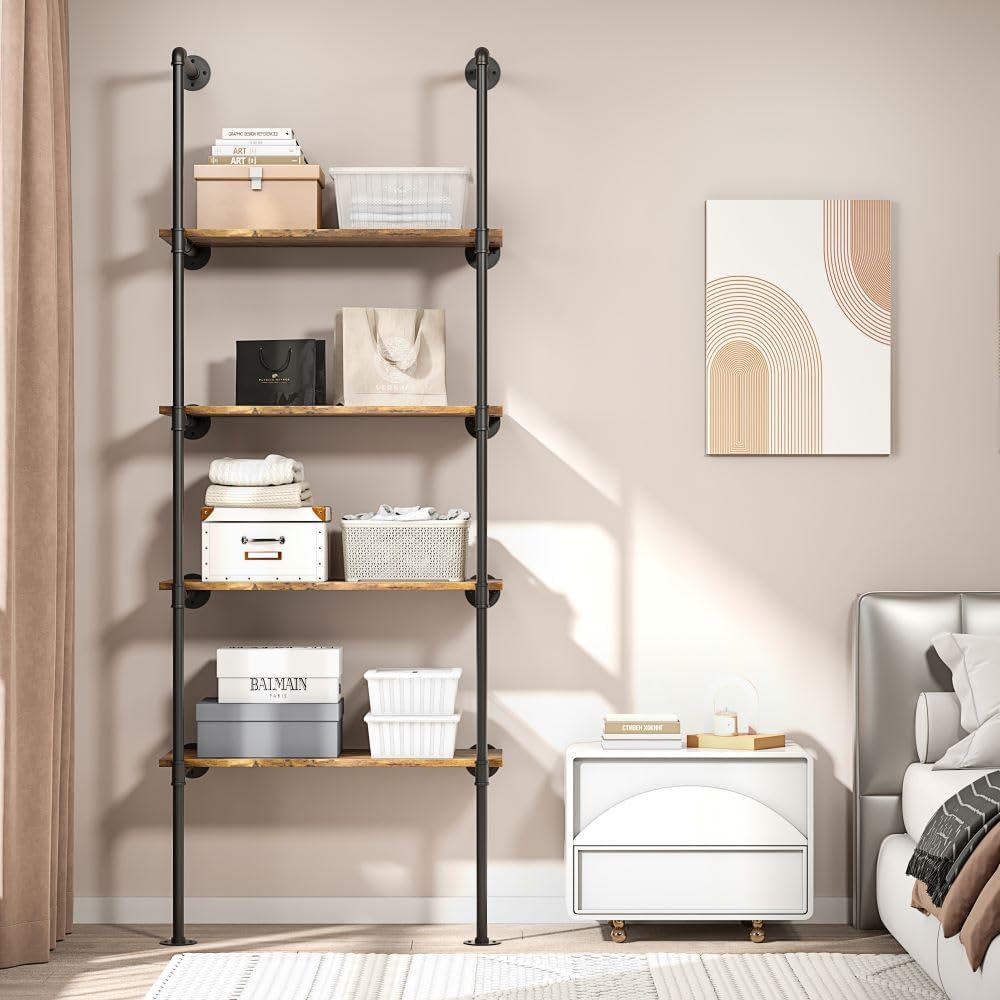 Industrial Pipe Clothing Rack with 4 Shelves, Heavy Duty Closet Organizers System in Wardrobe Closet,Black