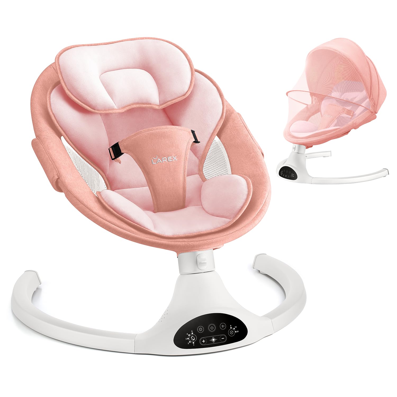 LarexBaby Swing for Infants | Electric Bouncer for Babies,Portable Swing for Baby Boy Girl,Remote Control Indoor Baby Rocker with 5 Sway Speeds,1 Seat Positions,10 Music and Bluetooth (Pink)