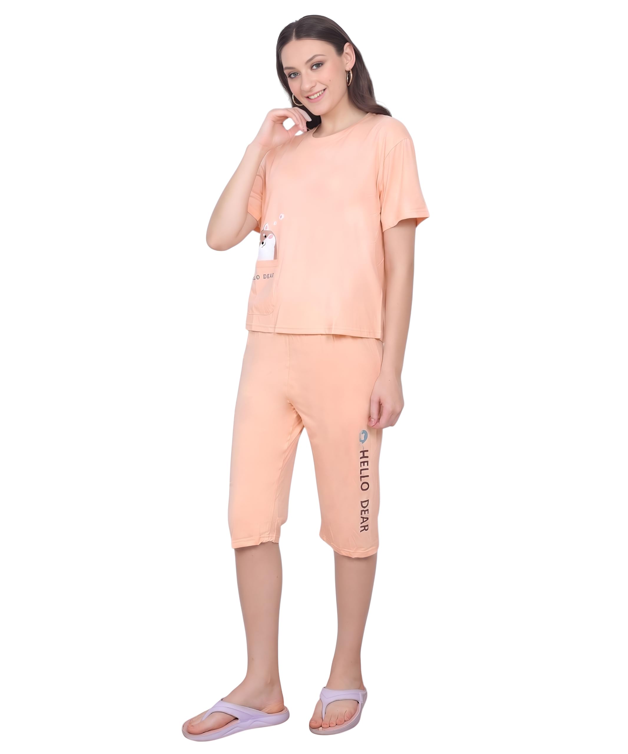 pollo loco Women's Cotton Printed T-Shirt & Capri Co-Ord Set (IN, Alpha, 2XL, Regular, PINK)-picture-14