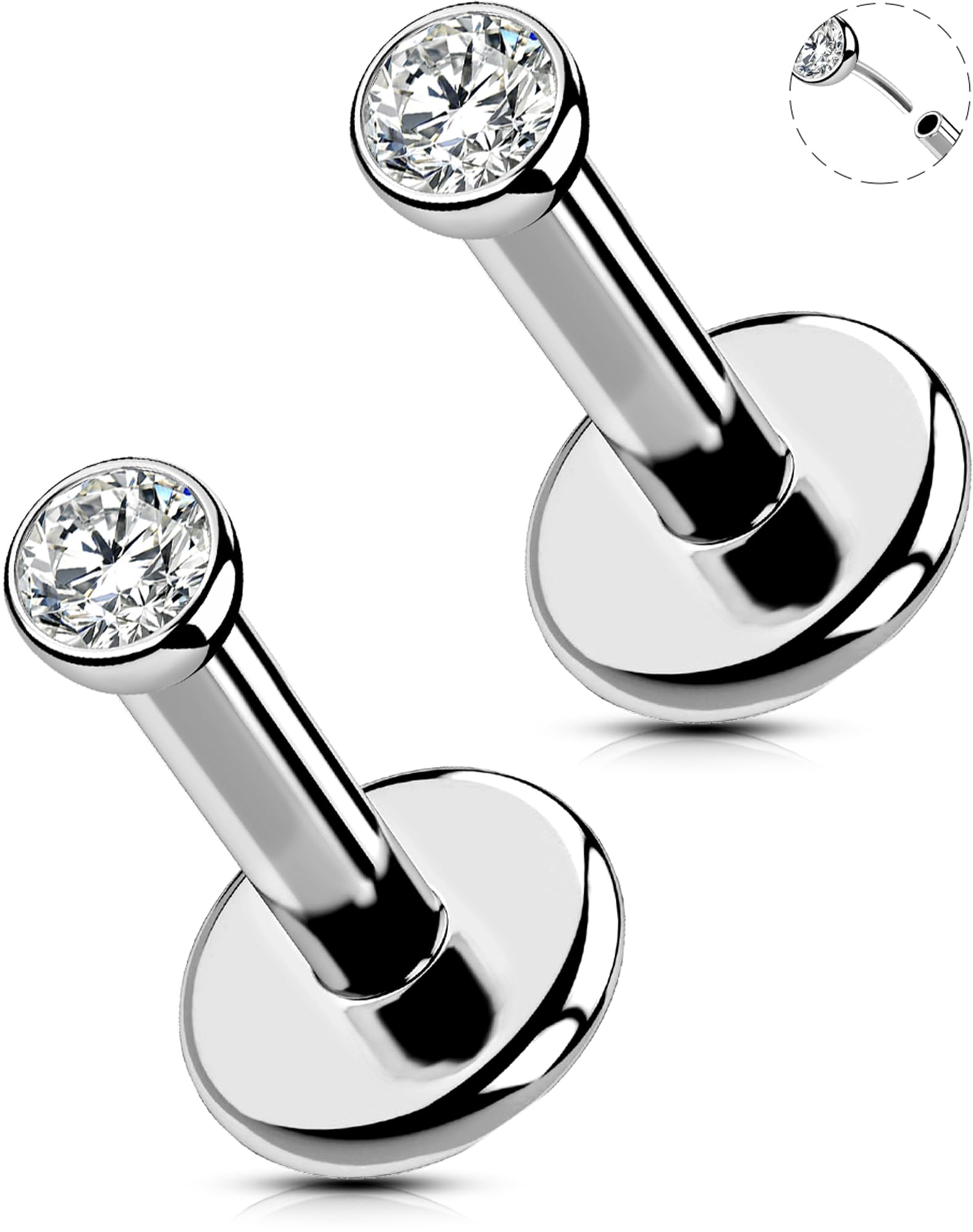 OUFER2Pcs 20G/18G/16G G23 Titanium Threadless Nose Stud Earrings Flat Back Tiny CZ Small Nose Helix Cartilage Tragus Conch Labret Medusa Monroe Piercing Jewelry for Women Men