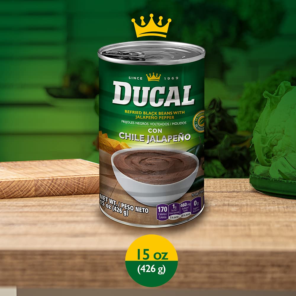 Ducal Refried Black Beans with Jalapeño, 15 Oz (Pack of 24) - Instant Vegetarian Refried Black Beans, Non-GMO And Gluten-Free - Excellent Source in Protein And Iron, Cholesterol Free