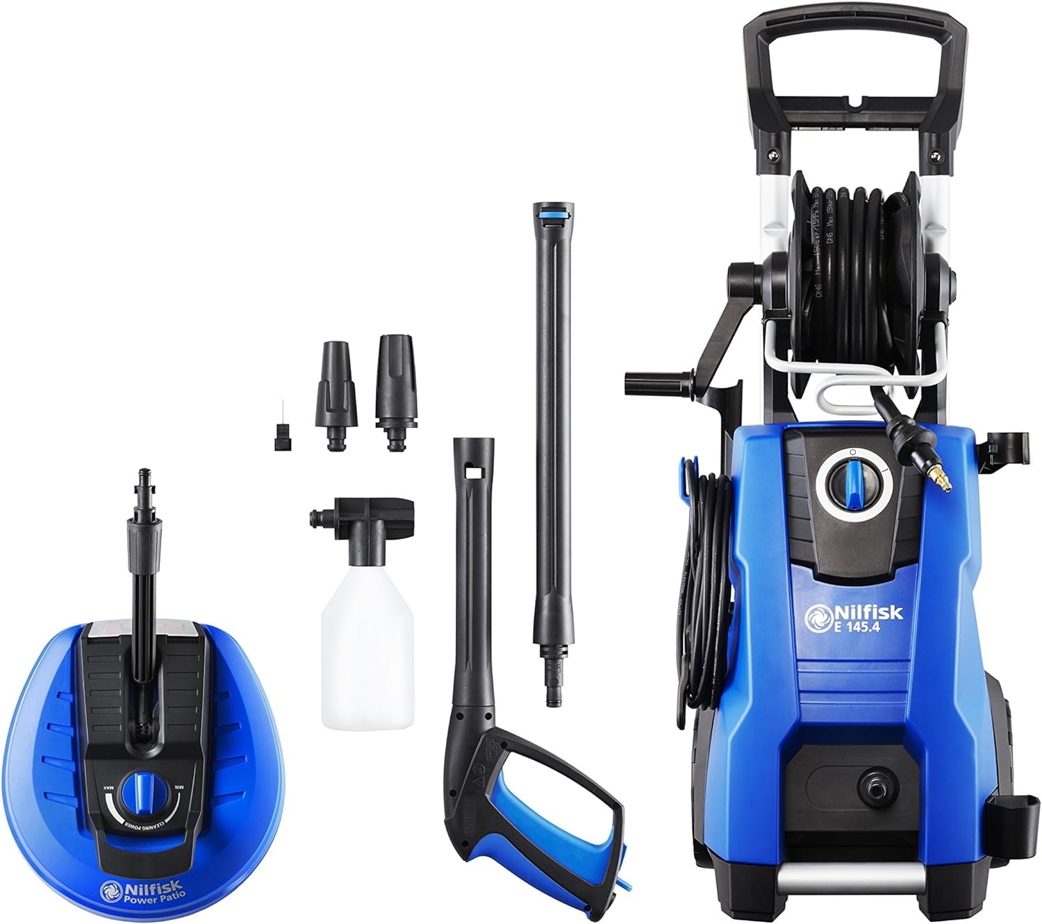 Nilfisk Hidrolimpiadora de Alta Presión E 145 Bares + Pulverizador de Espuma + Limpiador de Terrazas Potente (2100 W)