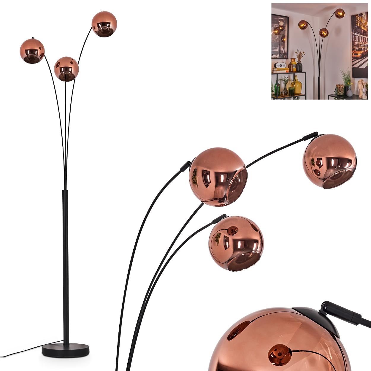 Stehleuchte Koyoto, Stehlampe aus Metall/Glas in Schwarz/Kupferfarben, Leuchte im modernen Retro/Vintage-Design mit Schirmen aus Glas (Ø 15 cm) u. Fußschalter, Höhe 210 cm, 3 x E14, ohne Leuchtmittel