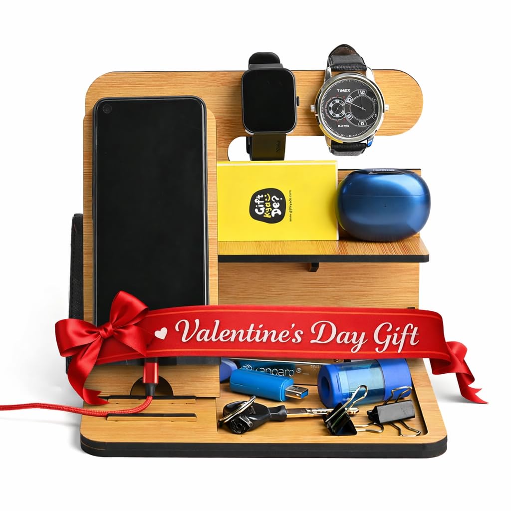 GKD Wooden Desk Organizer & Docking Station 6 in 1 with Mobile Stand | Table Organizer for Office & Home | Gift for Husband, Brother & Him | New Year Gift, Birthday Gift (Bamboo)