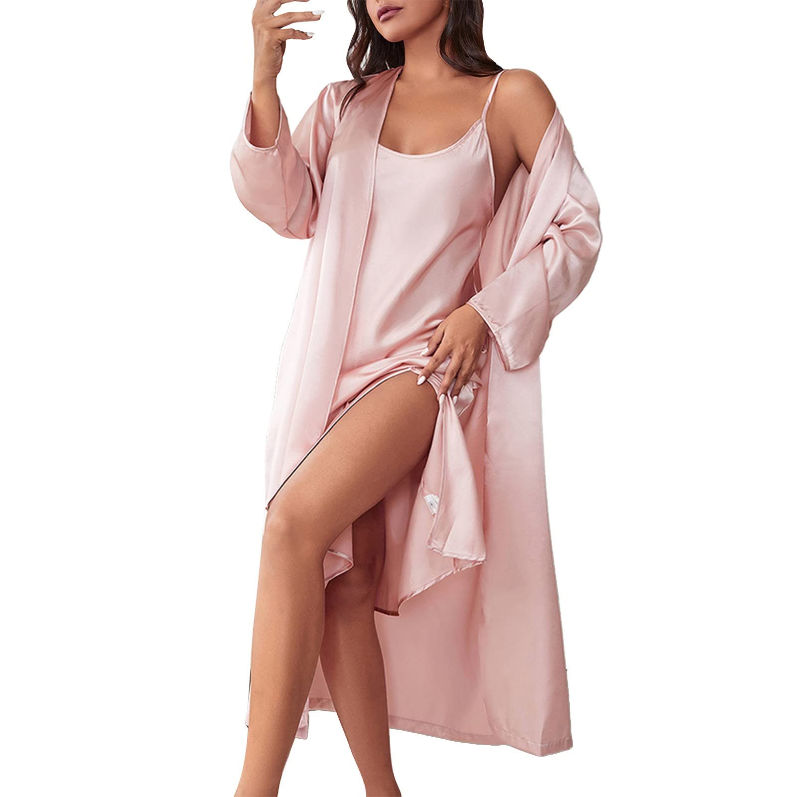 Dames Pyjama,Dames Pyjama Sets Kamerjas Zwarte Imitatie Zijde Holle Kant V- Hals Knoopspleet Ontwerp Sexy Korte Gewaad Nachtkleding Jarretel Nachthemd Nachtjapon Badjas Jurk, M