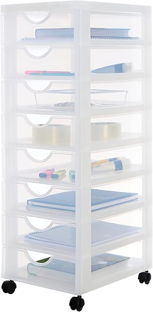 Iris Ohyama, Storage tower, Plastic organizer, 8 drawers, 7 L, Ergonomic handles, Solid, Wheels, A4 format, Office, Bedroom, Living room, Bathroom - DDDC-380 - Frosted white