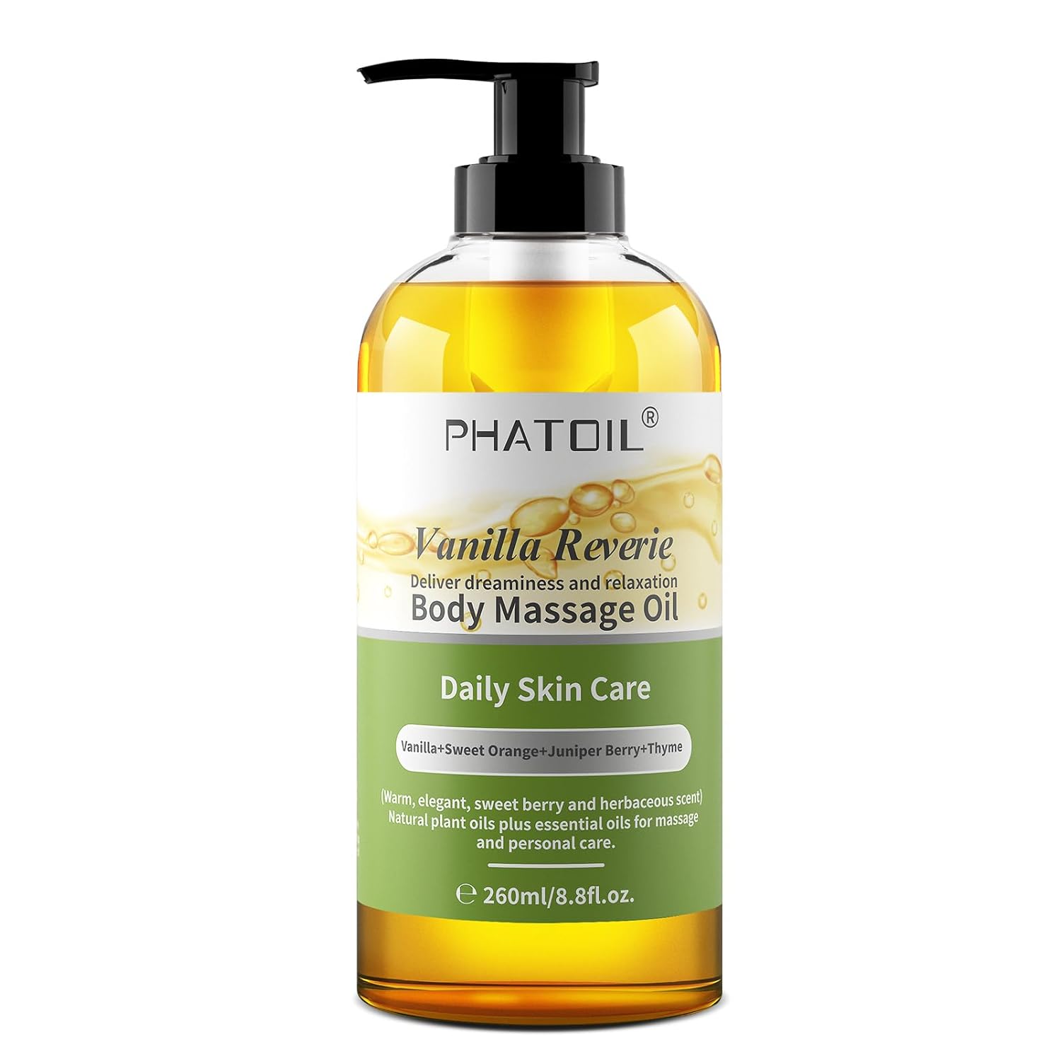 Vanilla Body Oil with Sweet Orange, Juniper Berry and Thyme Essential Oils, Premium Scented Body Oil for Moisturizing Skin, Massage Oil for Women Men After Shower – 8.8 FL.OZ(260ML)