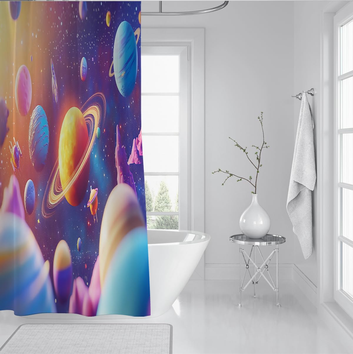 Weltraum Planeten Duschvorhang Bunte Galaxie W180xL200 cm