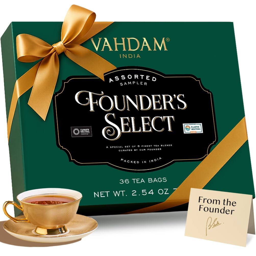 VAHDAM, Founder's Select Assorted Tea Gift Set (6 Variety, 36 Tea Bags) - Premium Gift Box | Individually Wrapped Pyramid Teabags | New Year Tea Gifts for Women and Men