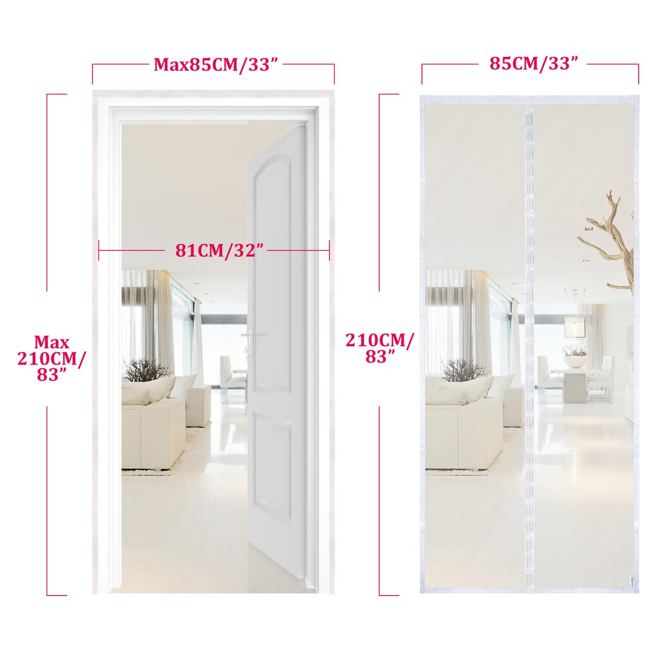 Apalus Prime Zanzariera con Magneti per Porte, 85x210 CM - Rete Fine, Tenda Totalmente Magnetica, si Chiude da Sola - Non Accorciabile (Prime Bianco)