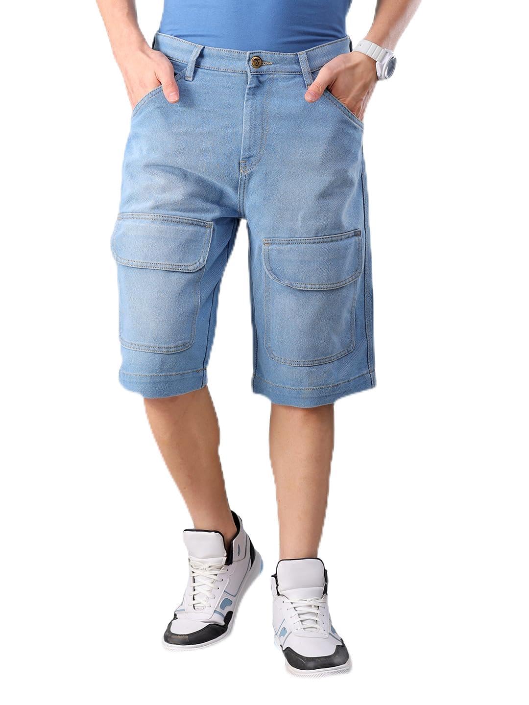 Men Relaxed Fit Solid Mid-Rise Denim Cargo Shorts-image-33