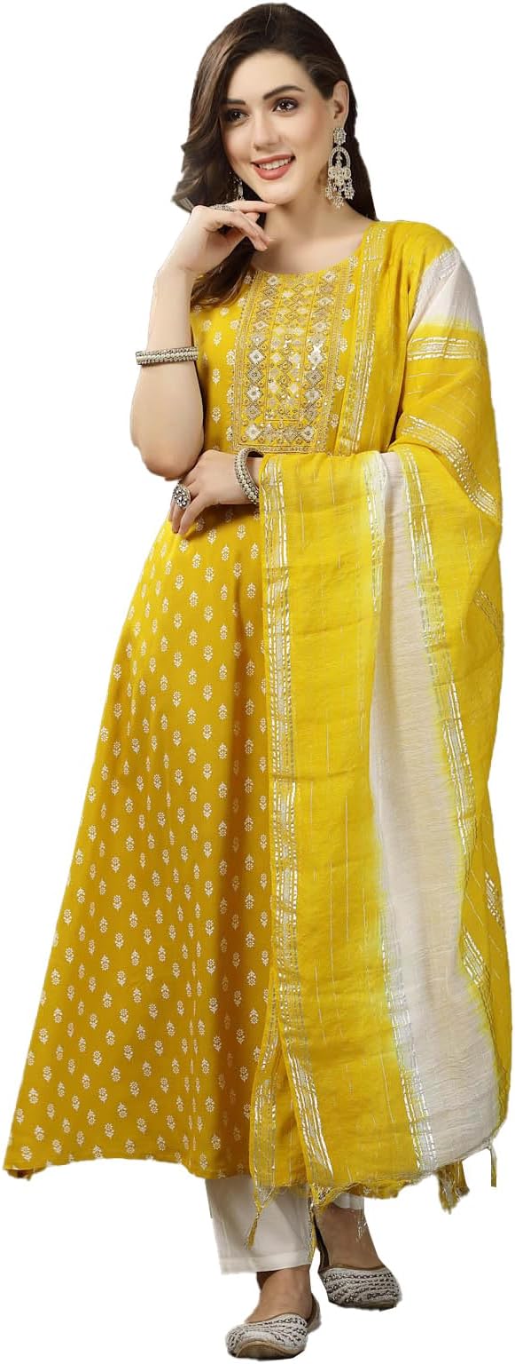 StylumWomen's Printed & Embroidered Rayon A-Line Kurta with Dupatta