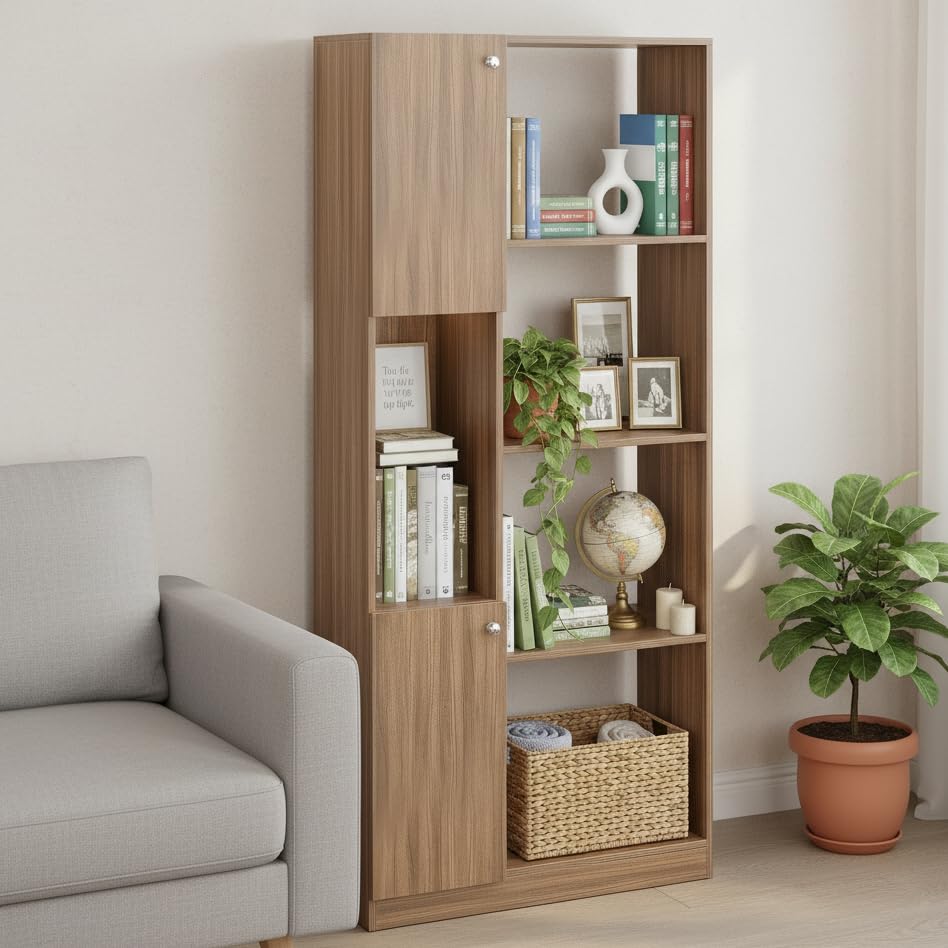 Image of FURNEASER Bookaura Wooden Bookshelf with Doors, Multipurpose Bookcase Storage Organizer for Living Room Modern Wooden Book Shelf Cabinet, Display Rack for Books & Decor (Exotic Teak)