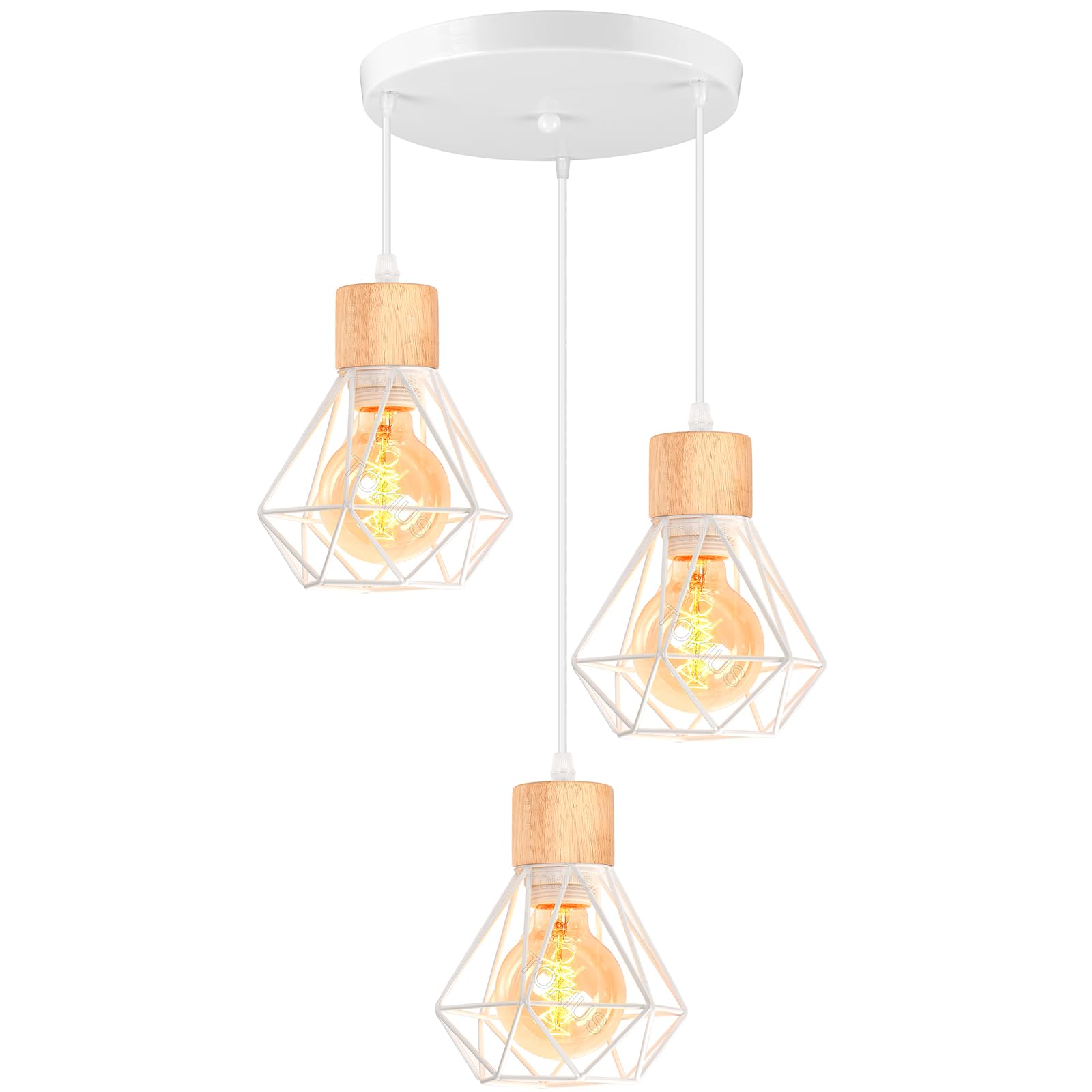 3 Luces Lámpara Colgante Vintage 16CM Retro Lámparas de Techo Diseño de Jaula Blanco Luz Colgante en Madera Hierro E27 Iluminación de Techo de Interior para Pasillo Dormitorio (Araña 3 Luces)