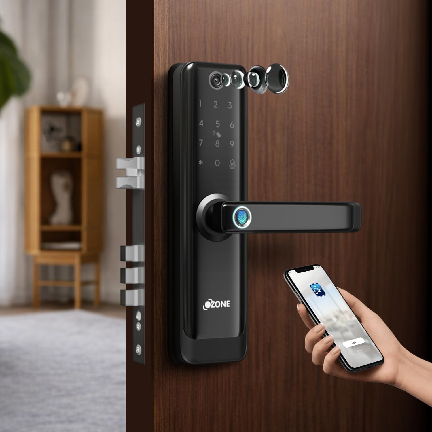 Ozone Smart Door Lock with Built-in Camera, Wi-Fi, Fingerprint, Password, RFID Card Access, Mobile App Control, Auto-Secure Alarm, USB Backup, Black-image-34