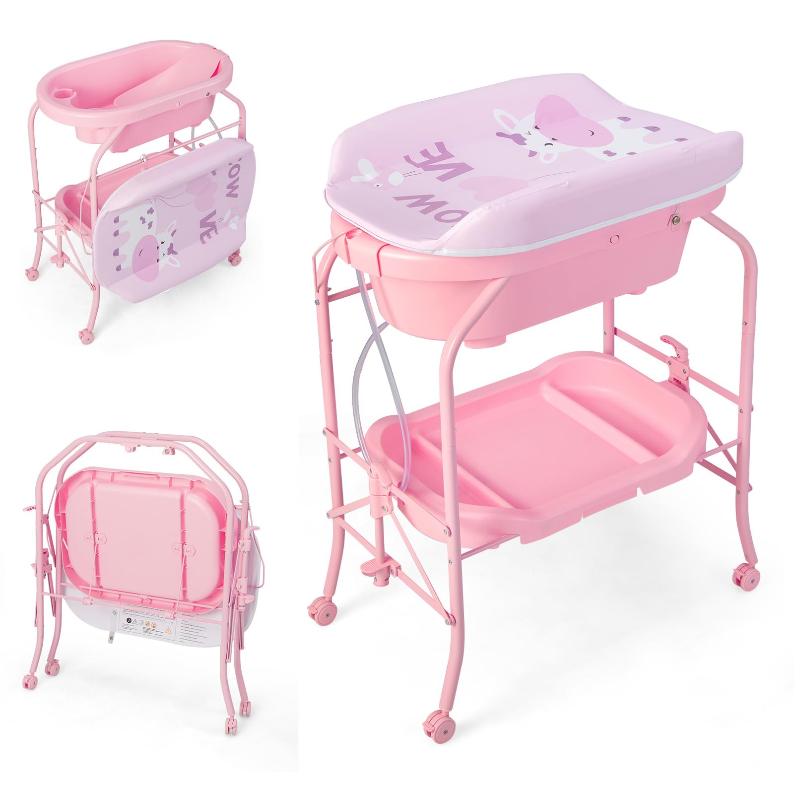 GOPLUS Baby Badewanne faltbar, Klappbarer Baby-Windeltisch mit Ablagefach, Baby Tablett mit Rollen aus PP, PVC-Windeleinlagen, Räder mit Bremsen, Badetisch für 0-12 Monaten (Rosa)