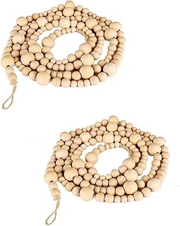 2PCS Christmas Wood Beads Garland 14.4 Feet Wooden Bead Garland Boho Ornaments for Christmas Tree, Xmas Vintage Rustic Farmhouse Round Craft Bead Hanging Holiday Decorations(7.2 Feet/1Pcs)
