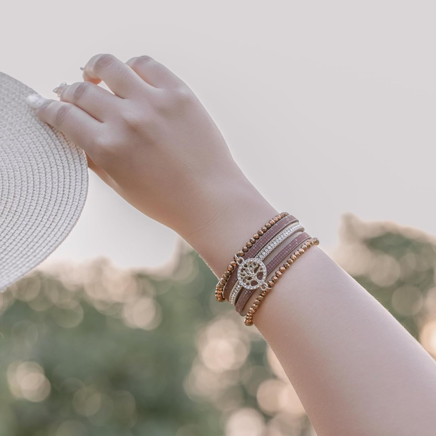 FANCY SHINY Tree of Life Leather Wrap Bracelet Beaded Crystal Bracelet Boho Jewelry Gifts for Women with Magenetic Clasp - Image 3