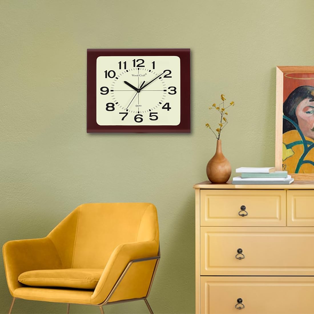 Wood Craft WS-57: Traditional Analog Wooden Wall Clock - 32 cm x 27 cm x 4 cm, Rectangle, Dark Brown Frame-Ivory Dial