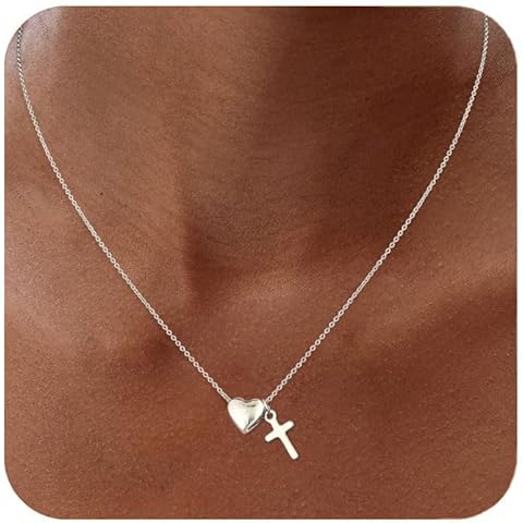 Ascona Cross Necklace for Women Trendy Dainty 14K Gold Silver Plated Heart Cross Pendant Choker Jewelry Cute Small Charm Chain Necklaces Waterproof Non Tarnish Christian Religious Faith Jewelry Gifts