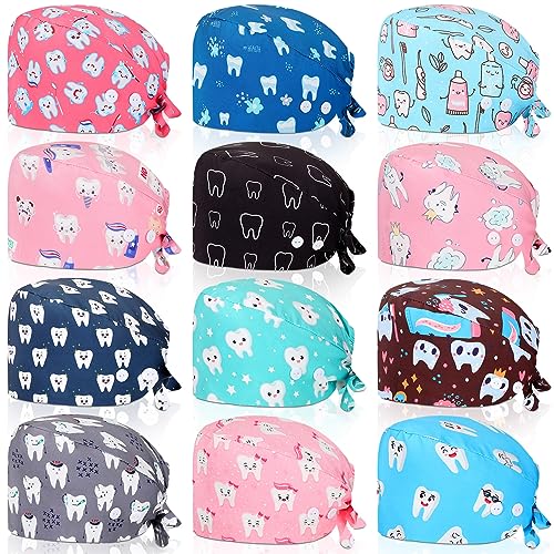 Image of Unittype 12 Pcs Dental Caps for Women Adjustable Dentist Scrub Cap Elastic Nurse Hats Teeth Pattern Working Hats Bulk