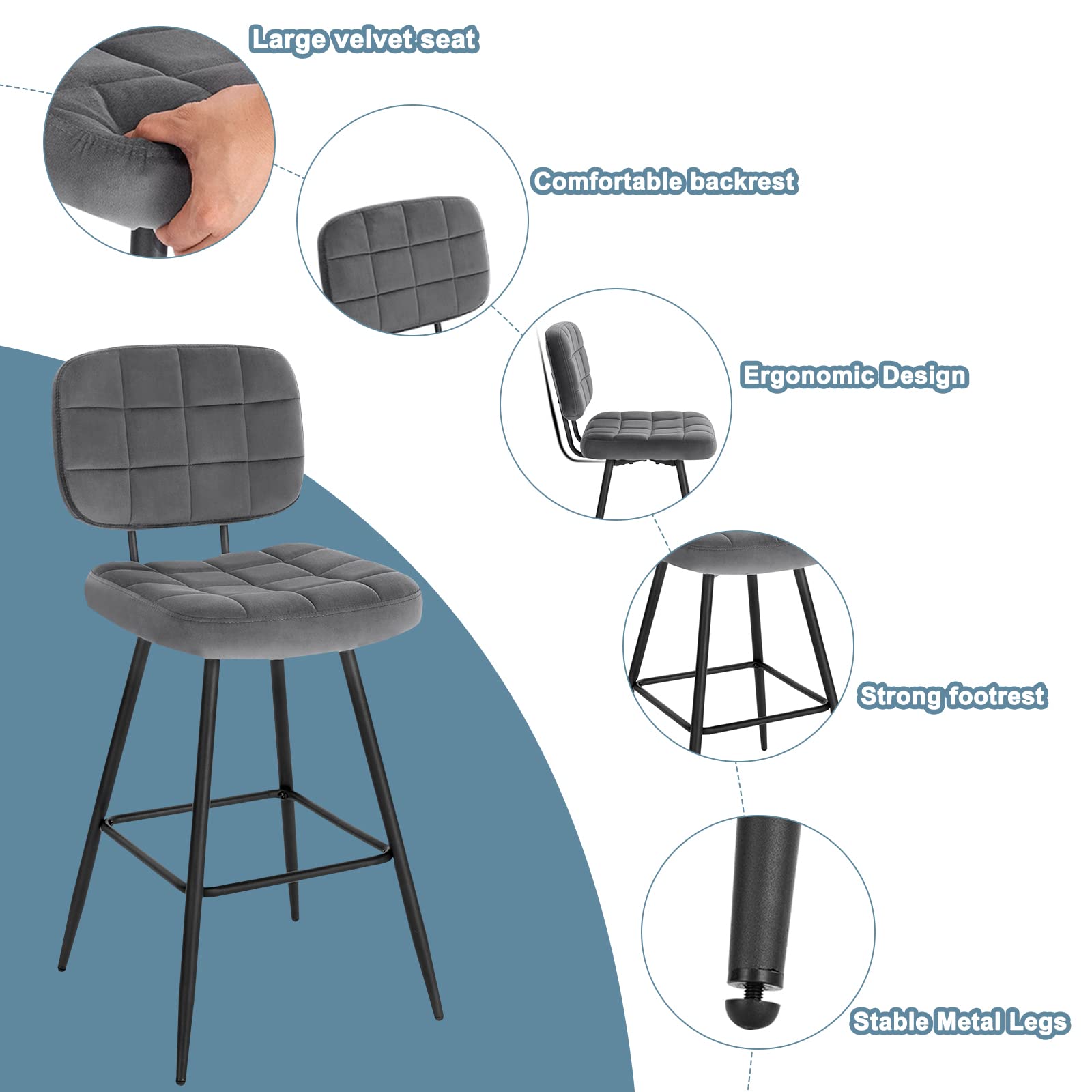 WOLTU Lot de 2 Tabourets de Bar Modernes, Chaises de Cuisine Hautes avec Dossier, Repose-Pieds et Assise Rembourrée, en Velours et Métal, Hauteur d'Assise 70 cm, Gris Foncé BH364dgr-2
