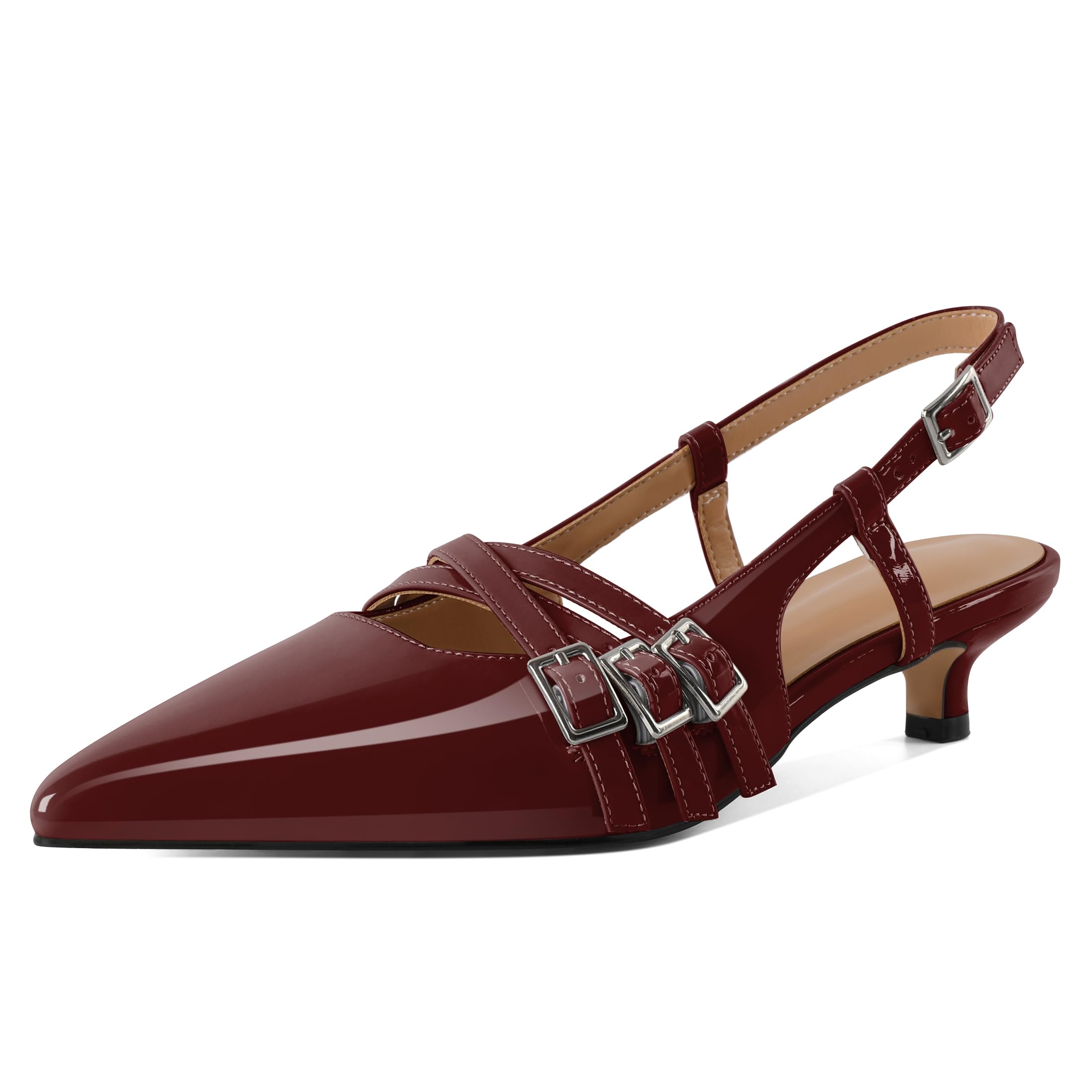 Eldof Women's Slingback Kitten Heels Buckle Strap Pointed Closed Toe Slip On Low Heel Pumps Shoes Dress 1.5 Inches