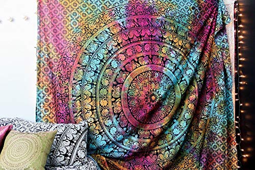 Popular Handicrafts Wall Hanging Tapestry for Bedroom Hippie Elephant Mandala Bohemian Hippy Intricate Indian Tapestry 54 x 82 Inches (140cm x 210 cm) Multicolor Tie Dye