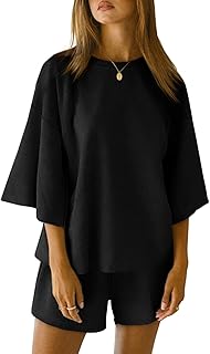 Tankaneo Womens Pajama Sets 3/4 Sleeve Oversized Tops and Elastic Waist Shorts Lounge Sets Loungewear