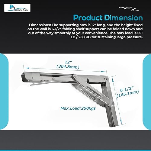 Miniatura 5 de MARINE CITY Soporte de estante plegable, acero inoxidable de grado 304, resistente a la corrosión, a prueba de óxido, carga máxima de 551 libras,