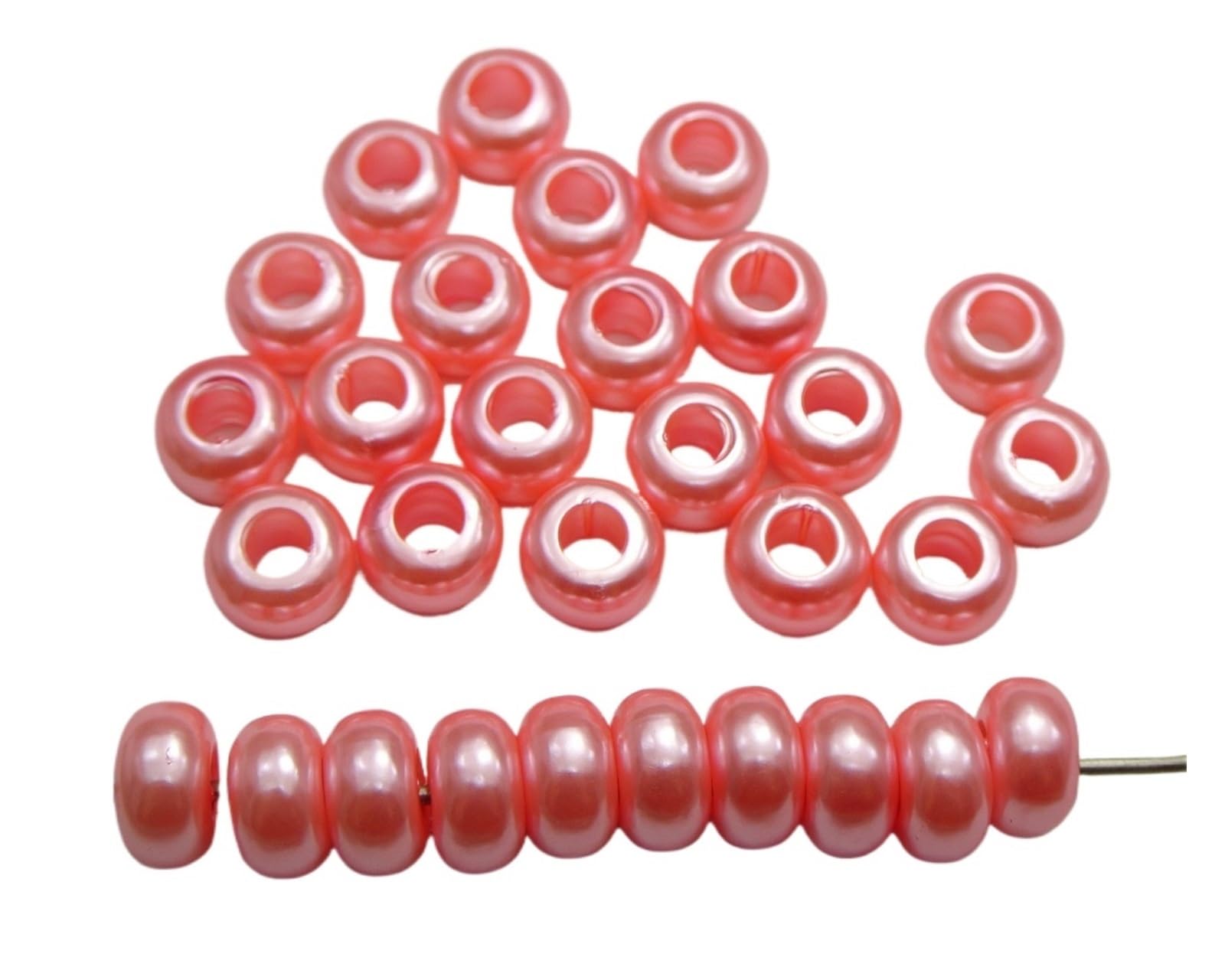 Koraliki z dużym otworem, Opakowanie 100 akrylowych koralików dystansowych z imitacją pereł, wielokolorowych, 12 x 7 mm, otworem 5(Pink)