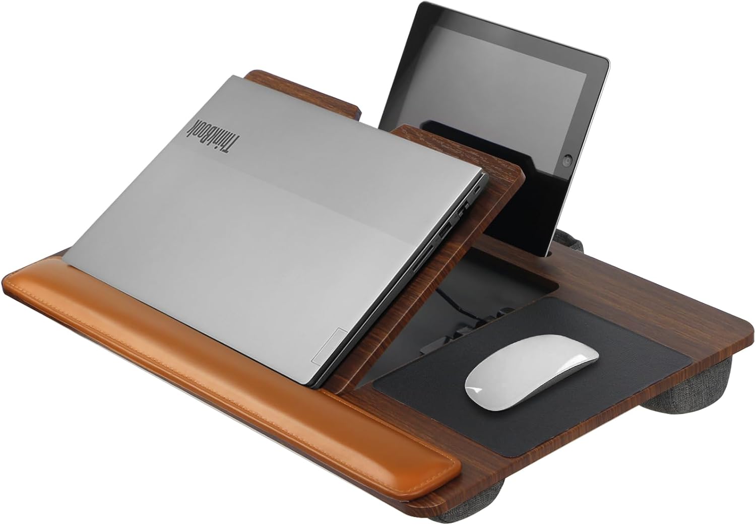 Wooden Laptop Tray with Leather Wrist Pad - Adjustable Angle Lap Desk with Cushion, Laptops Table for Couch,Bed, Fits Laptops Up to 17 Inches, Lap Laptop Desk with Mouse Pad, Brown