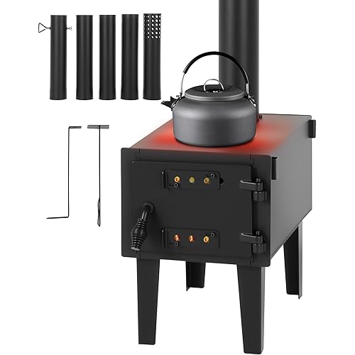 Garvee Tent Stove with Long Chimney, Wood Burning Stove, Camping Wood Stove with 77 Inch Chimney Pipes for Outdoor Camping & Heating,Cooking, Ice Fishing, Hunting, Compact Design Large Firebox