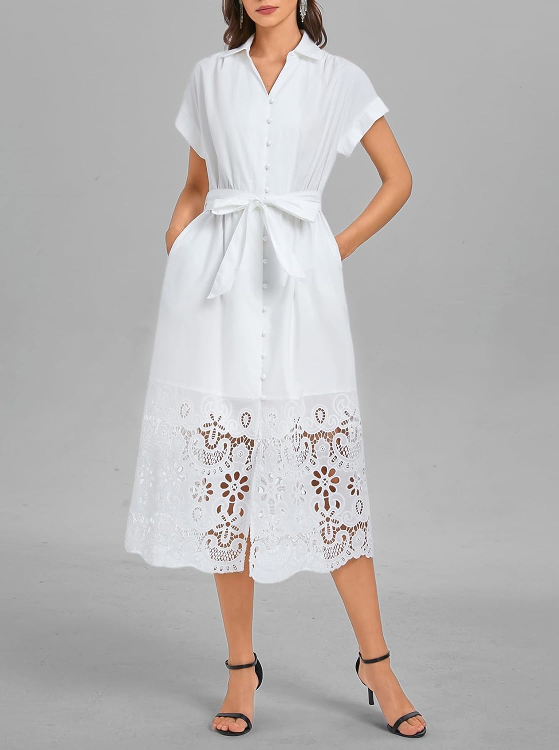 LLADYFUL Women's Button Down Shirt Dress Belted Short Sleeve Midi Dresses Hollow Collared Business Elegant A-Line Dress - Image 4