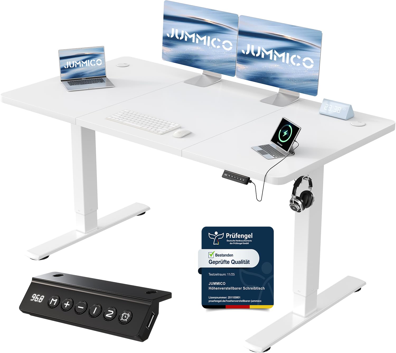 JUMMICO Höhenverstellbarer Schreibtisch mit USB-Ladeanschluss,Schreibtisch Höhenverstellbar Elektrisch 140 x 60 cm, Steh-Sitz Tisch Stehpult Verstellbarer Computertisch,Standing Desk,Weiß