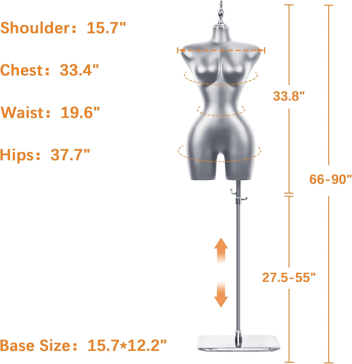Female Mannequin Dress Form - Hip-Long Torso with Adjustable Stand, 16" Shoulder, 33.5" Chest, 20" Waist, 38" HIPS - Silver Base for Retail & Sewing