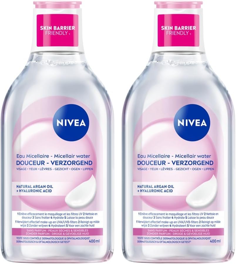 NIVEA Eau Micellaire DOUCEUR Peaux Sèches et Sensibles (1 x 400 ml), démaquillant enrichi aux micelles et acides animés sans parfum, nettoyant visage yeux &...