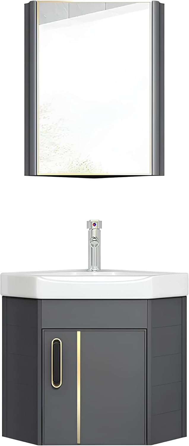 Generic Corner Bathroom Vanity Cabinet and Sink, Wall Mount Multifunctional Practical Ceramic Sink with Mirror Cabinet, Freestanding Vanity Sinks for Bathrooms, Laundry Room, Balcony