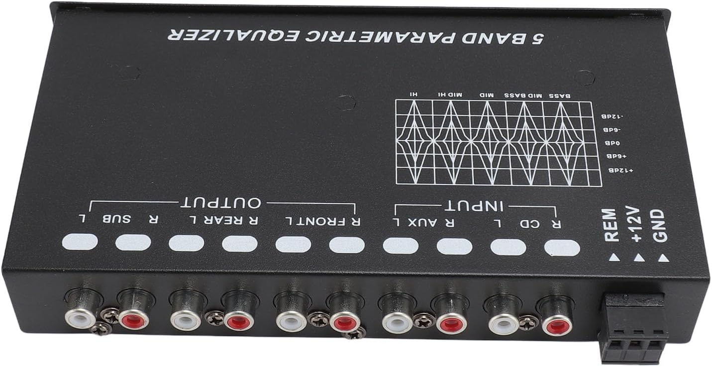 5 Band Car Audio Equalizer, Graphic Equalizer with CD AUX Input Select Switch Front Rear Sub Output for Boat RV Motorcycle Stereo Control