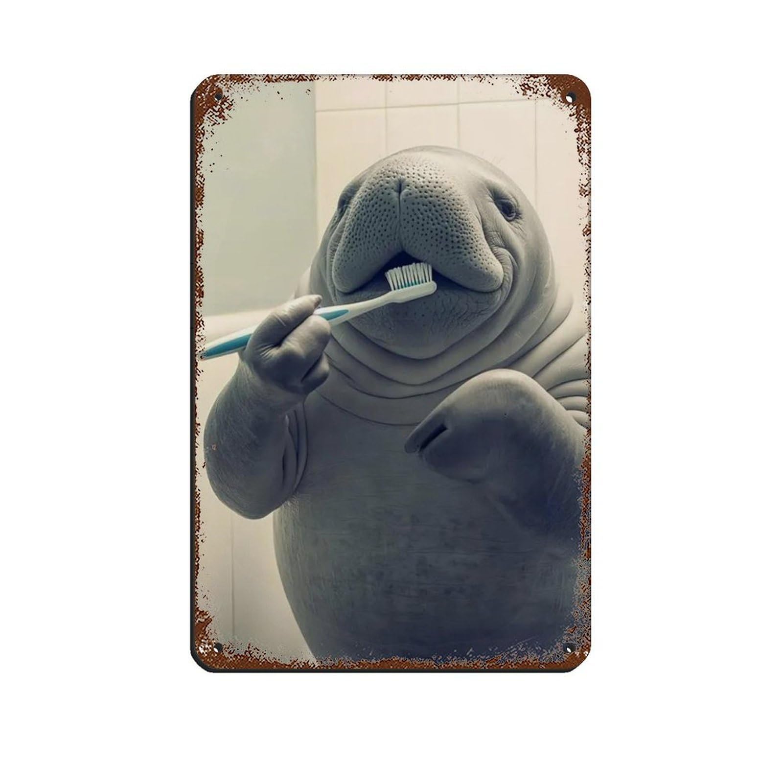 Manatee Brushing Teeth, Funny Bathroom Art Retro Poster Metal Tin Sign Chic Art Retro Iron Painting Bar People Cave Cafe Family Garage Poster Wall Decoration 8x12inch(20x30cm)