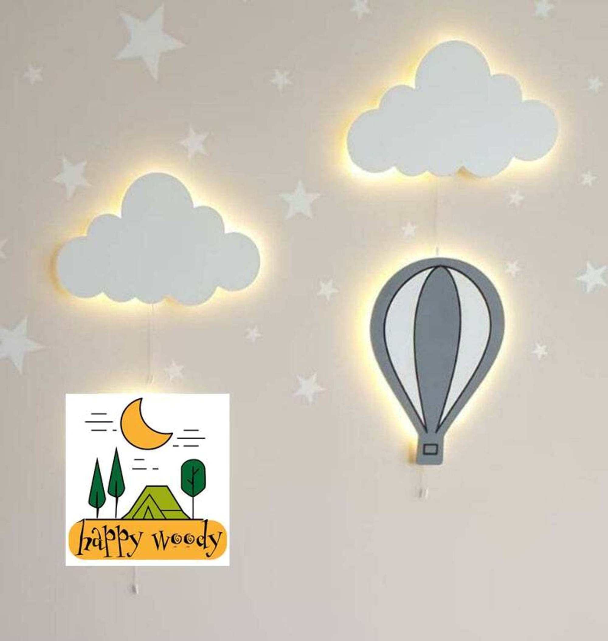 Happy Woody Juego de 2 luces de pared en forma de nube para iluminación de guardería/habitación del bebé/decoración de pared de habitación de niños/luz nocturna para niños/luz LED blanca cálida