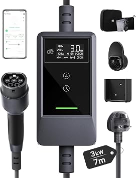 d  EV Charger 3 Pin Plug 7m with App, 3kW 6-13A Granny Charger with IP66 & Type A RCD Protection, Adjustable 3 Pin EV Charger, Electric Car Charger for Model Y/3, Q4, Enyaq and other Type 2 EVs/PHEVs