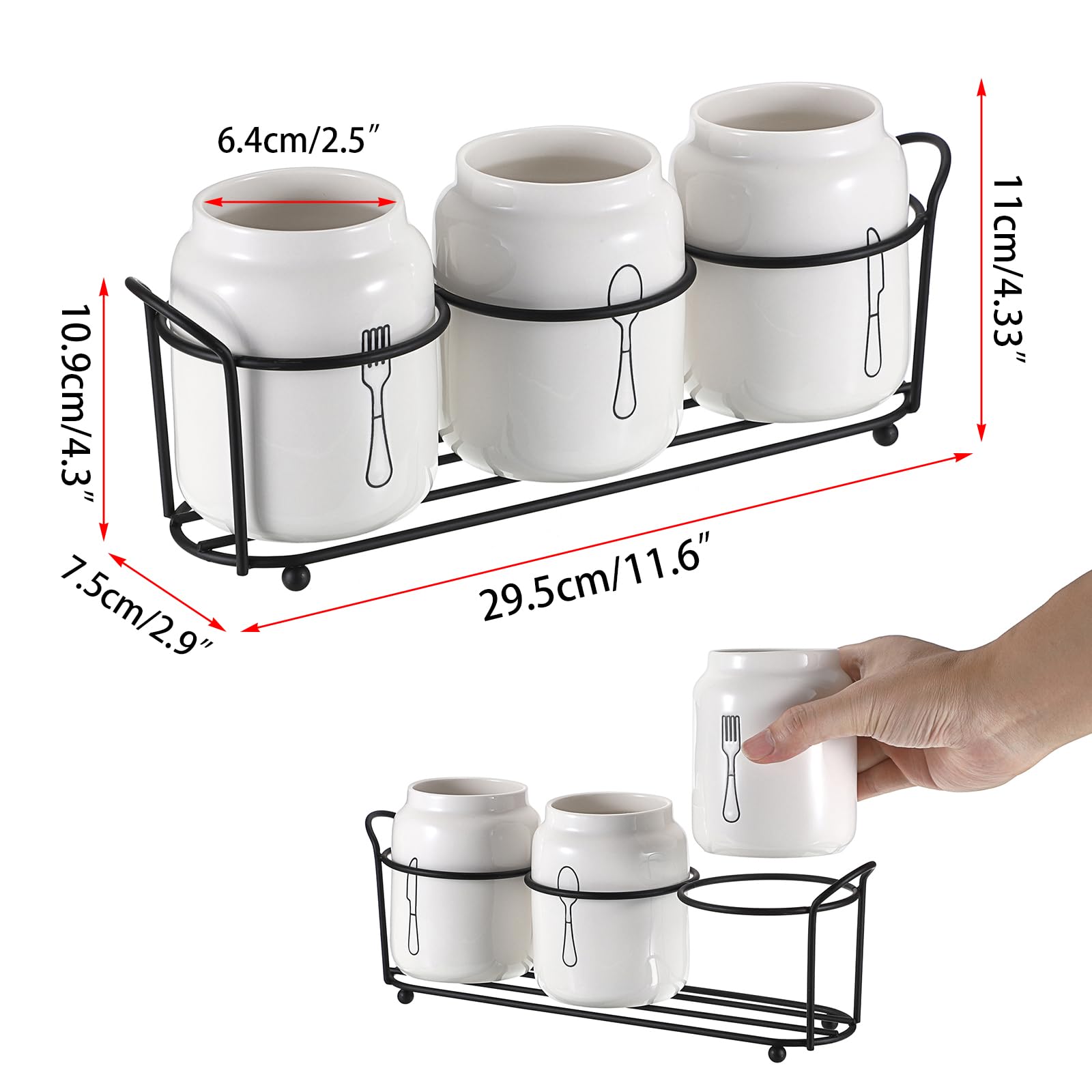 SUMNACON Portaposate in Ceramica, 3 Pezzi, Supporto per Cucchiai, Organizer da Cucina, Armadio da Cucina, Bianco