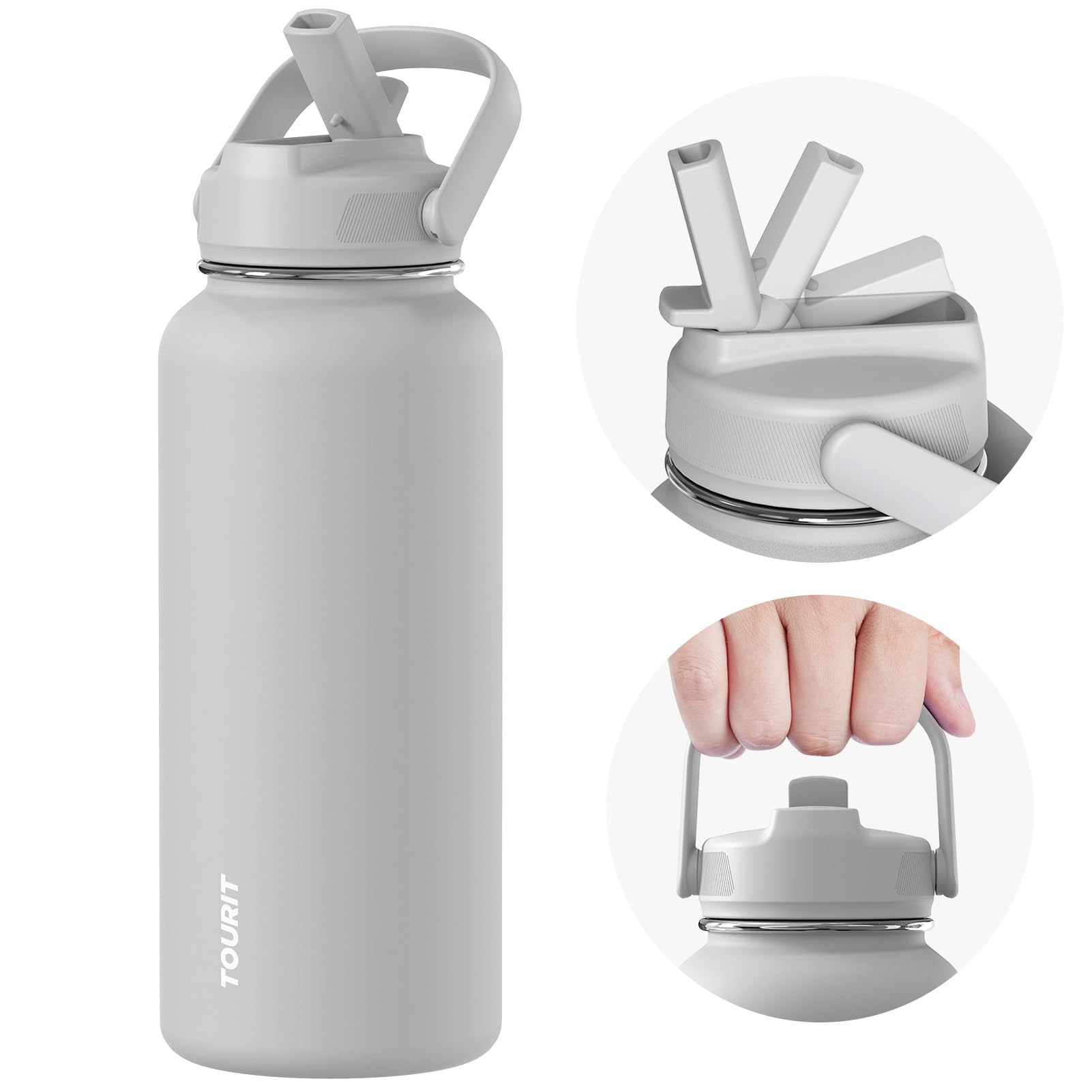 TOURIT 32 oz Insulated Water Bottle, Stainless Steel Water Bottles With Straw, Double Wall Vacuum Insulation for Cold and Hot Drinks, Leak Proof BPA Free Water Flask for Sports and Travel, Grey, Gray