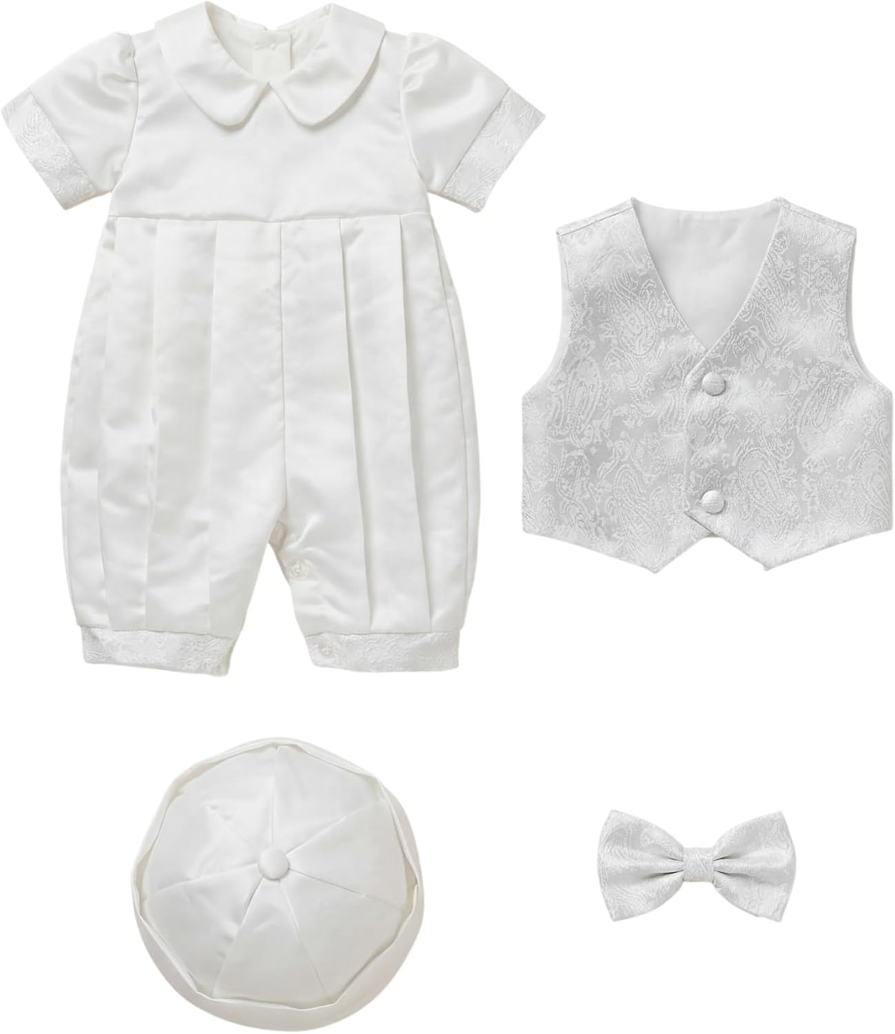 Baby Boys' Ivory Christening Outfit Jacquard Waistcoat, Bow Tie & Hat Baptism Set
