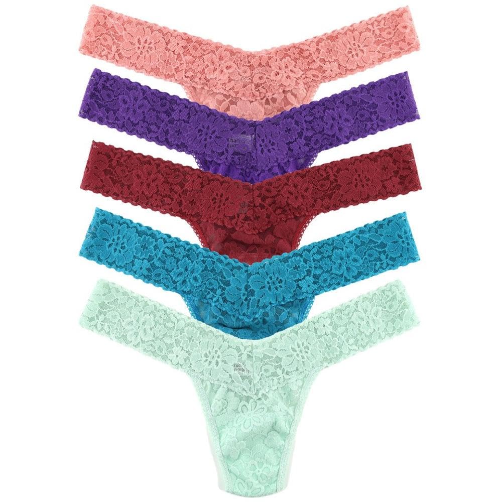 Hanky Panky Daily Lace Low Rise Thong - Mutande in Pizzo Elasticizzate, Set 5 Pz, Tanga Con Vita Bassa - Slip Cotone e Nylon, Lingerie per Completo Intimo, Taglia Unica