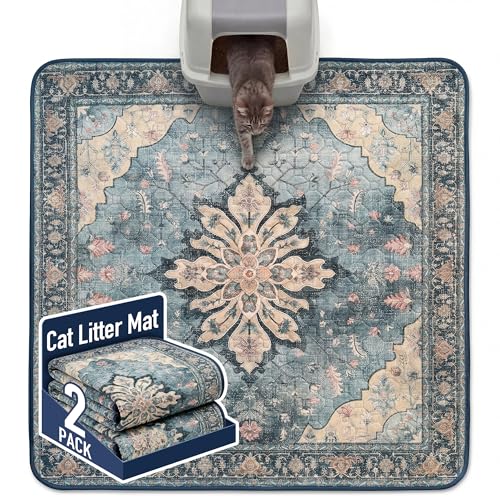 Hompet Cat Litter Mat 2 Pack, 54x54 Large Machine Washable Trapping Mats for Cats, Super Absorbent & Urine-Proof Cat Litter Box Mat for Floor, Waterproof & Non Slip Kitty Litter Rug