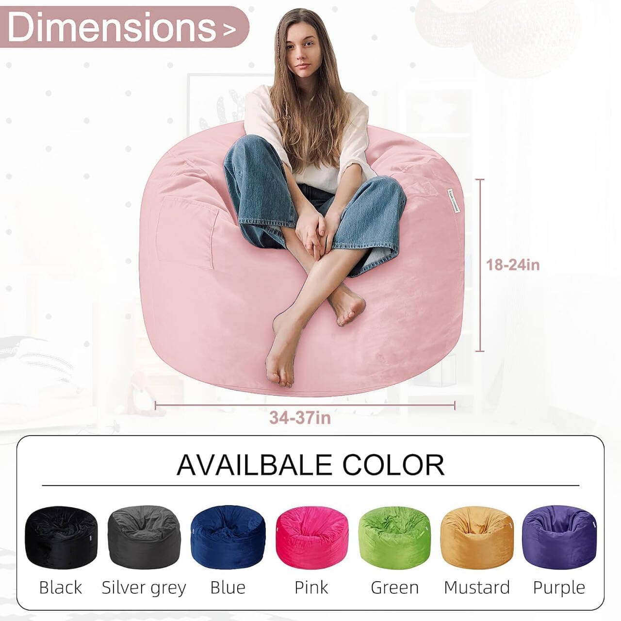HABUTWAY Bean Bag Chair 3Ft Luxurious Velvet Ultra Soft Fur with High Rebound Memory Foam Bean Bag Chairs for Adults Plush Lazy Sofa with Fluffy Sponge 3' (Pink) 3 Foot Pink